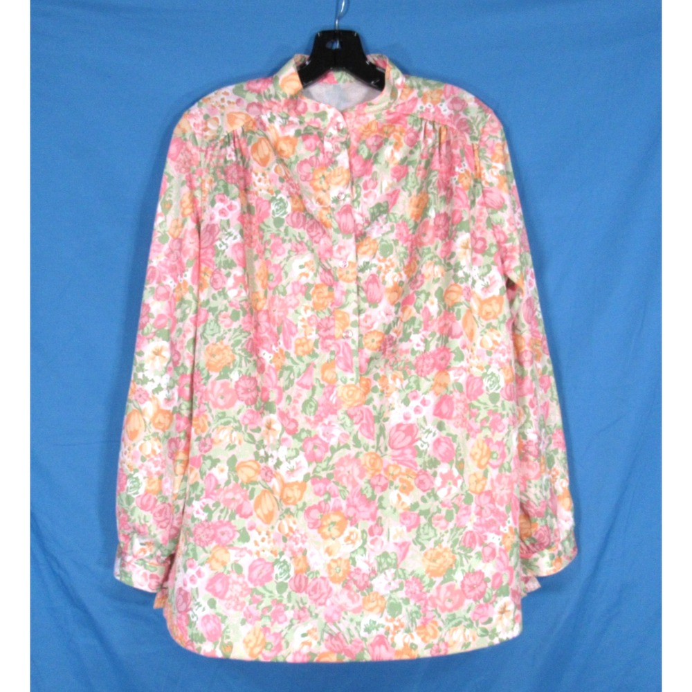 Vtg COTTAGECORE Pink/Orange FLORAL Poly-Knit 1/2 BUTTON Tunic Top/Blouse L/44"